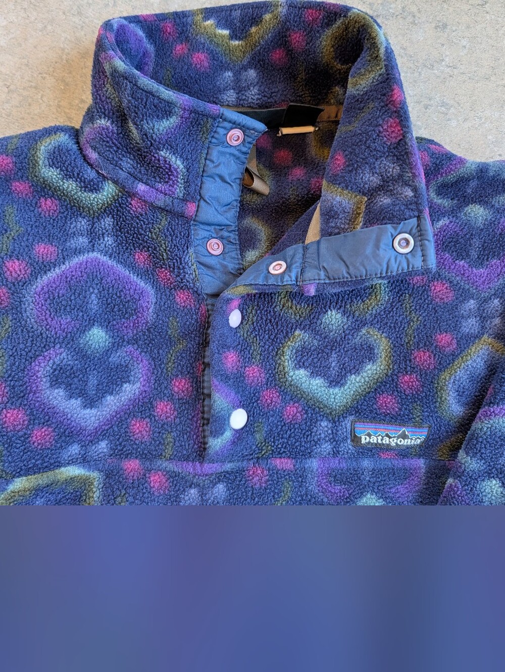 Patagonia 1990s Made In USA Fleece Snap Batik Purple Navy  XS